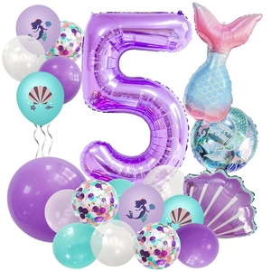 Mermaid theme 5th birthday balloon kit with purple number 5 and fish tail foil balloons