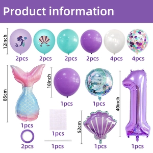 Mermaid birthday party balloon arch kit with tail foil balloons and purple number 1