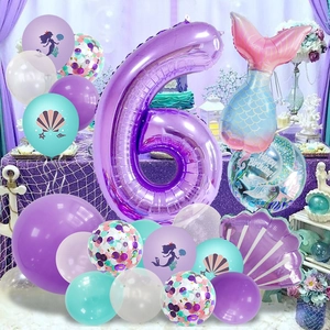 Mermaid theme 6th birthday balloon arch kit with purple shell and sequin decorations