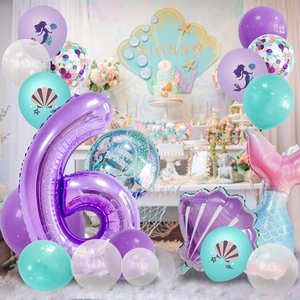 Mermaid birthday party balloon arch kit with purple number 6 and shiny fish tail design
