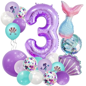 Mermaid Birthday Party Balloon Decorations Purple Mint Green Foil Tail Shell Round Foil And Latex Balloons For Girls