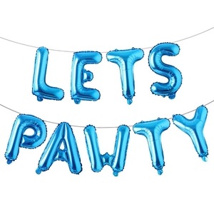 Ballons métalliques bleus LETS PAWTY pour fête de chien avec ficelle argentée décorative