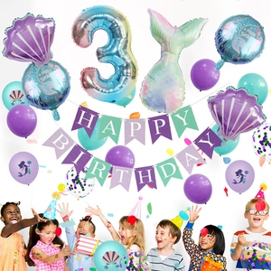 Kit anniversaire sirène avec ballon arc-en-ciel chiffre 3 et décorations coquillage