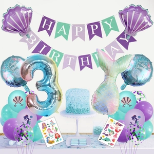 Décoration 3 ans sirène avec ballon queue, coquillages et bannière joyeux anniversaire