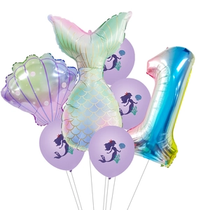 Mermaid birthday balloon set with shell, gradient tail, number one, and silhouette latex