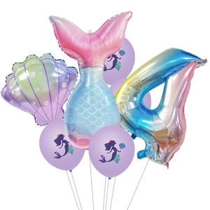 Mermaid tail balloon set with shell and gradient number 4 for birthday party decor