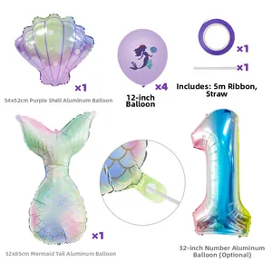 Mermaid birthday party balloon set with shell tail and gradient number one foil balloon