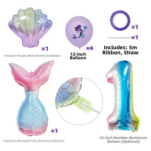 Detail of mermaid tail and shell foil balloons with gradient number one for party decoration