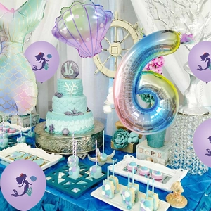 Mermaid birthday party set with gradient number 6 balloon and seashell foil decorations