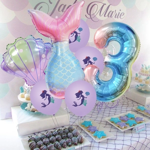 Detailed 3rd birthday mermaid party set with tail, shell and number 3 foil balloons