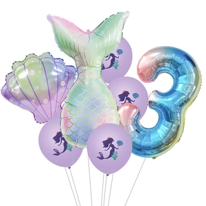 Aluminum Foil Mermaid Tail Shell Gradient Number Balloons And Purple Latex Balloons For Girls Birthday Party Decorations