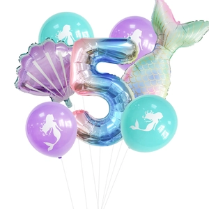 Mermaid theme 5th birthday balloon set with rainbow number 5 and foil tail decorations