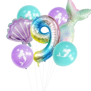 Mermaid birthday party balloon set with rainbow gradient number 9 and seashell shapes