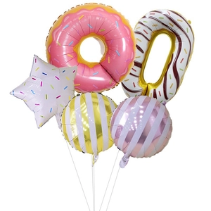 5-piece donut party balloon set with number zero and striped foil star shapes