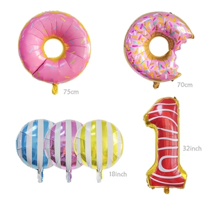 Donut themed balloon set with 32-inch red number 1 and pink donut foil balloons