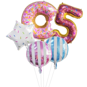 5-piece donut party balloon set featuring a number 5 and colorful foil sprinkles