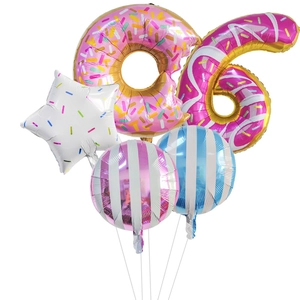 5-piece donut theme balloon set featuring large pink donut and number 6 foil balloons