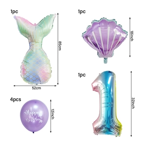 Detailliertes Set mit Meerjungfrauenschwanz-, Muschel- und Regenbogen-Zahl 1-Ballons