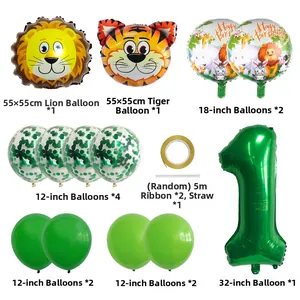Grünes Waldtier Ballon-Set mit Löwe Tiger Folienballons und Nummer 1 für Geburtstag
