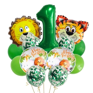 Dschungel-Geburtstagsballons Set mit Löwen-, Tiger- und grüner Nummer 1 Folienballons