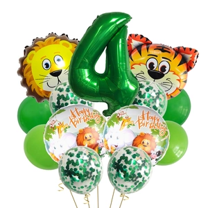 Detail-Set grüner Wald-Tierballons zum 4. Geburtstag mit Tiger- und Löwen-Folienballons
