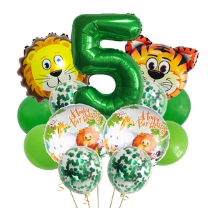 Grünes Wald-Tiere Luftballon-Set zum 5. Geburtstag mit Löwe, Tiger und Nummer 5