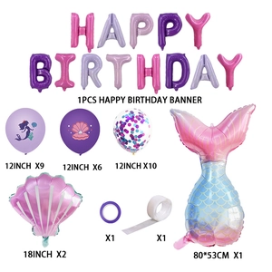 Zeemeermin feestset met schelpfolieballonnen en Happy Birthday letterbanner