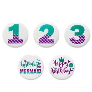 5-piece mermaid themed birthday badges with glitter scales, shells and crown designs