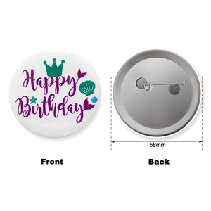 Detailed dual view of a 58mm mermaid theme tinplate badge with Happy Birthday design