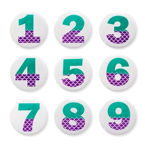 Mermaid scale themed tinplate badges set with numbers 1 to 9 for birthday parties