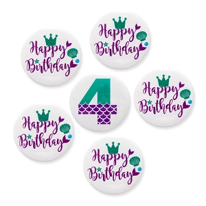 Mermaid themed 4th birthday badge set with shells and starfish on white background