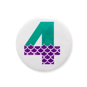 Detail showing mermaid style number 4 tinplate badge for 4th birthday party decoration