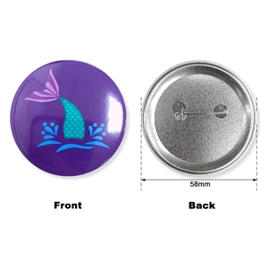 Front and back detail of 58mm mermaid tail badge pin with purple and teal scales