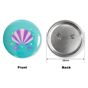 Detailed front and back view of 58mm mermaid theme button badge with shell patterns