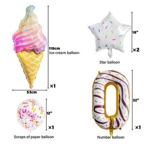 Detail view of colorful ice cream, star and confetti balloons with size measurements