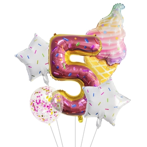 Donut themed balloon set with number 5 and ice cream shaped foil balloons for parties
