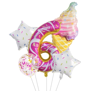 5-piece donut theme balloon set with number 6, ice cream foil, and sequin latex balloon