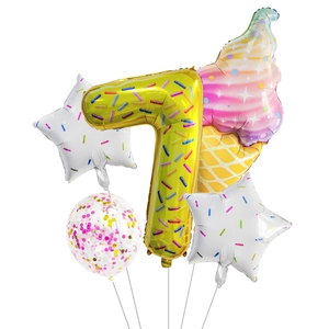 Detail of summer donut party balloons set with number seven ice cream and star shapes