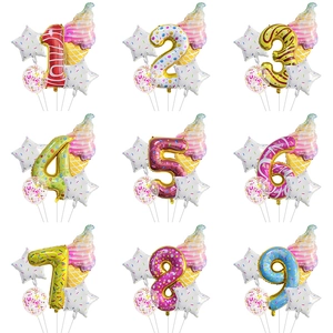 Donut Ice Cream Balloon Set Aluminum Film Foil Helium Balloon For Kids Birthday Party Decoration Donut Number Balloons Star Confetti Latex Balloon