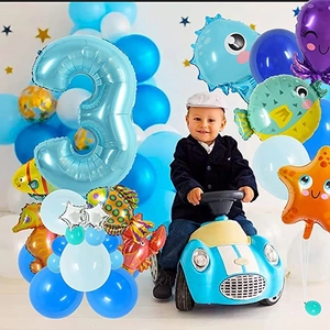 32-inch blue number 3 balloon set with ocean animal sea star and octopus foil balloons