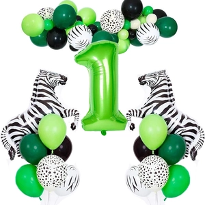 Jungle theme 1st birthday balloons set with zebra foil and green latex party decor