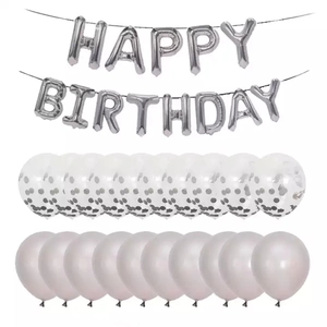 Silver Happy Birthday letter balloons set with confetti and solid latex balloons