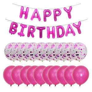 Detail of rose gold Happy Birthday foil balloons and confetti latex balloons set