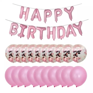 Detail of rose gold Happy Birthday banner balloons with pink confetti latex set