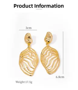 Detail specifications of 18K gold plated brass leaf earrings measuring 6.8cm by 3cm