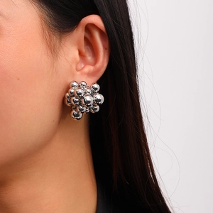 Modern cluster of polished silver metal spheres in a stylish grape bunch earring design