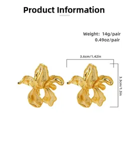 Detailed view of irregular 18K gold-plated floral earrings with size and weight specs