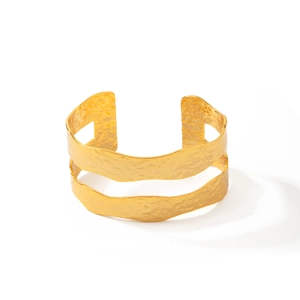Modern 18K gold plated cuff bracelet featuring a double-layer hollow hammered texture design