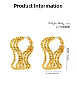 Detail view of 18K gold plated beaded wave hoop earrings with dimensions and weight info