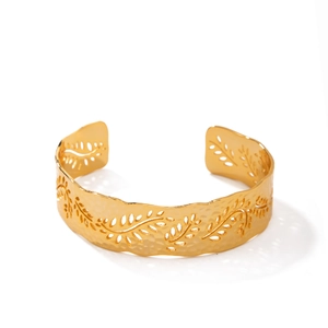 18K gold plated hollow leaf cuff bracelet with hammered texture and open adjustable design